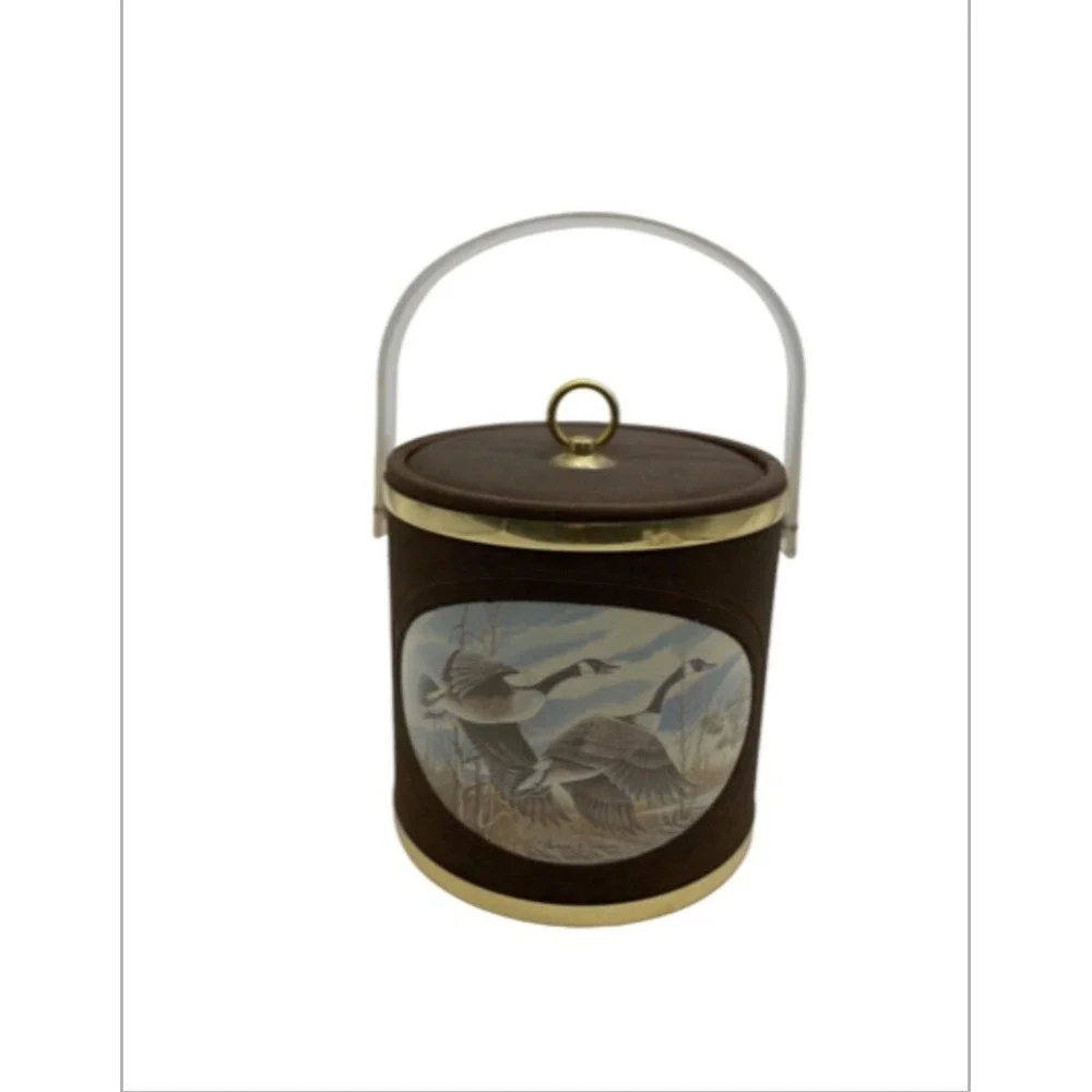 Vintage 60s Norman R. Wamer Ice Bucket Brown Canada Geese MCM Barware Man‎ Cave